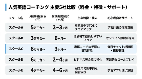 人気英語コーチング15社の料金・特徴比較表