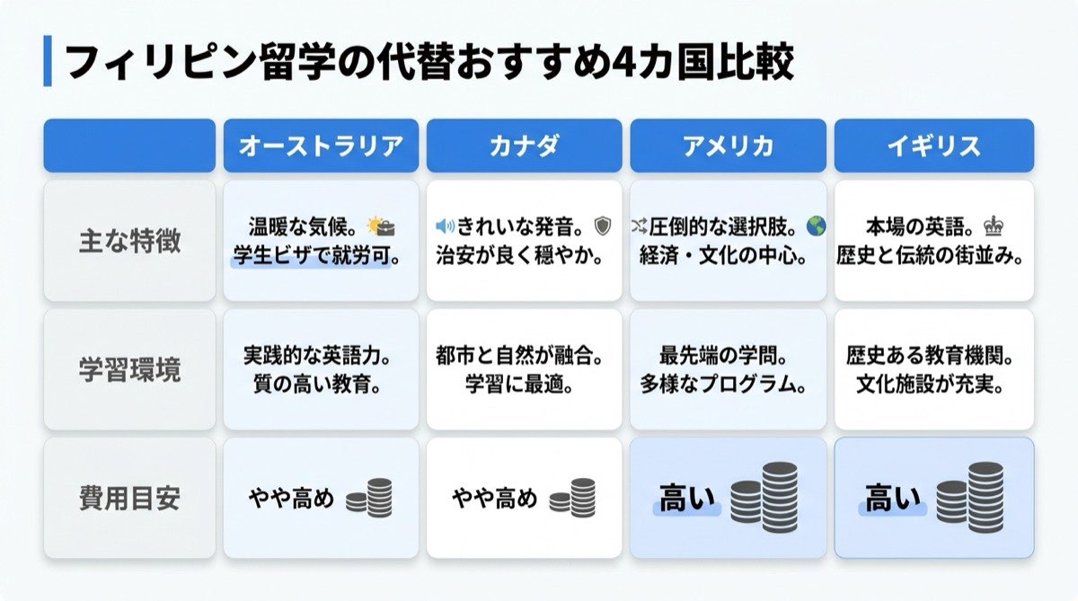 フィリピン留学が向いていない人におすすめの留学先4カ国比較