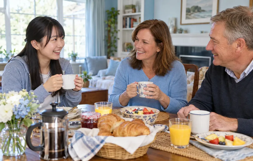 ホームステイ先の家族と朝食を囲む様子
