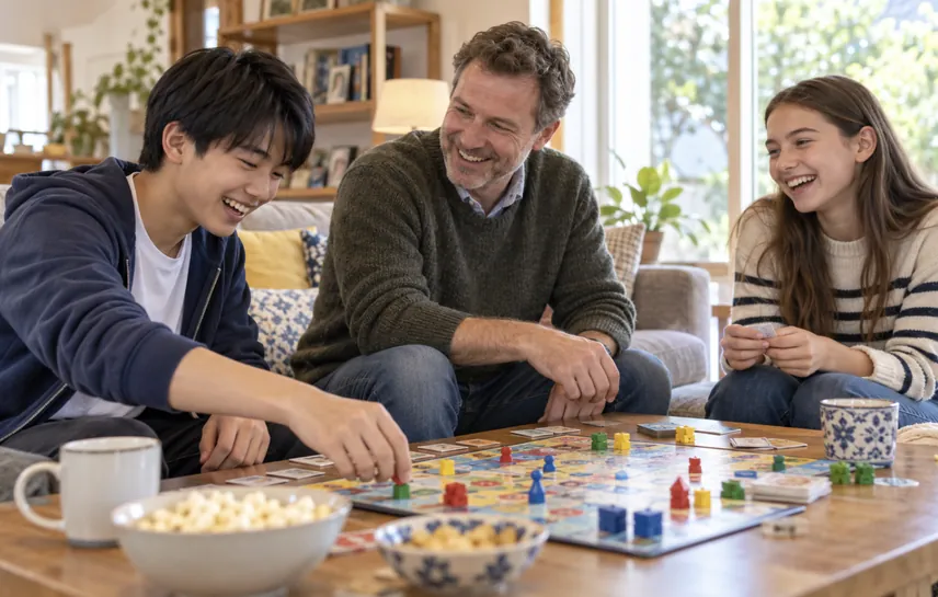ホームステイ先の家族とボードゲームを楽しむ様子