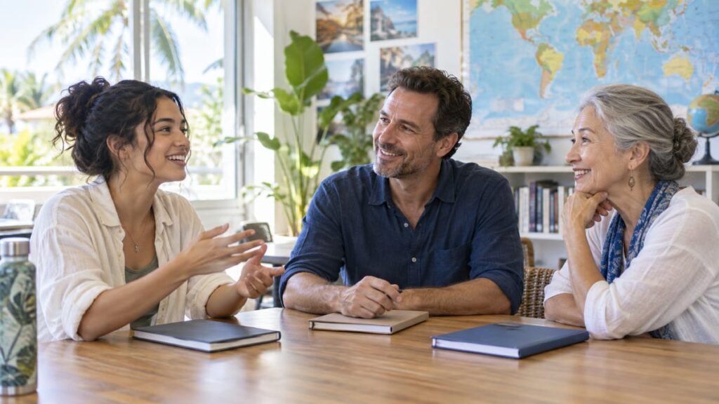 年代の異なる成人が一緒に英語を学ぶAI生成イメージ