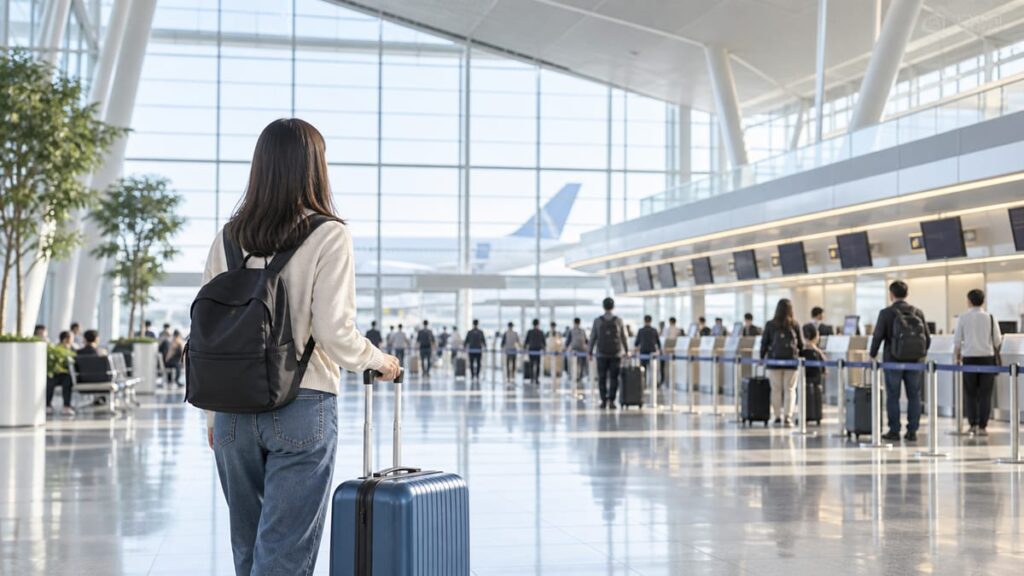 空港の出発ロビーを利用する場面のAI生成イメージ