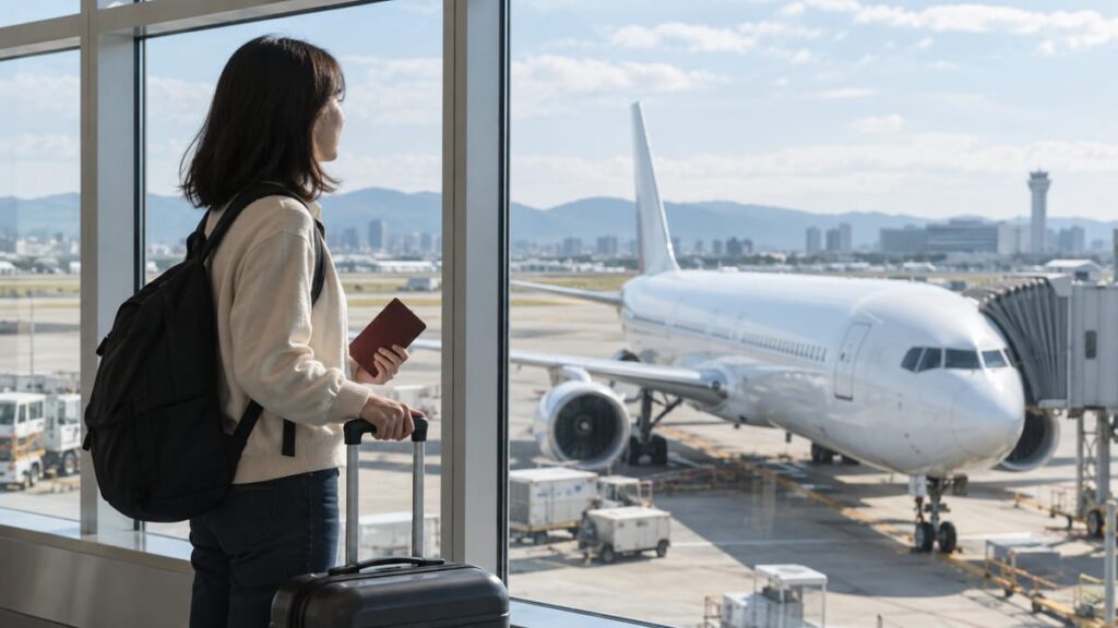 空港で搭乗前に準備する場面のAI生成イメージ