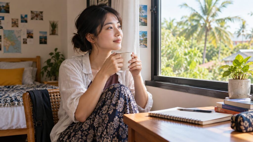 留学先で気持ちを落ち着ける時間のAI生成イメージ