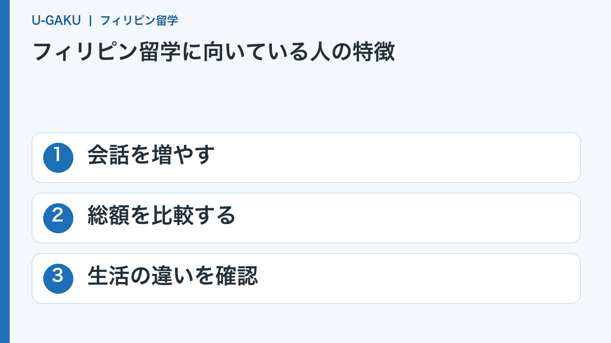 フィリピン留学に向いている人の特徴:会話を増やす、総額を比較する、生活の違いを確認