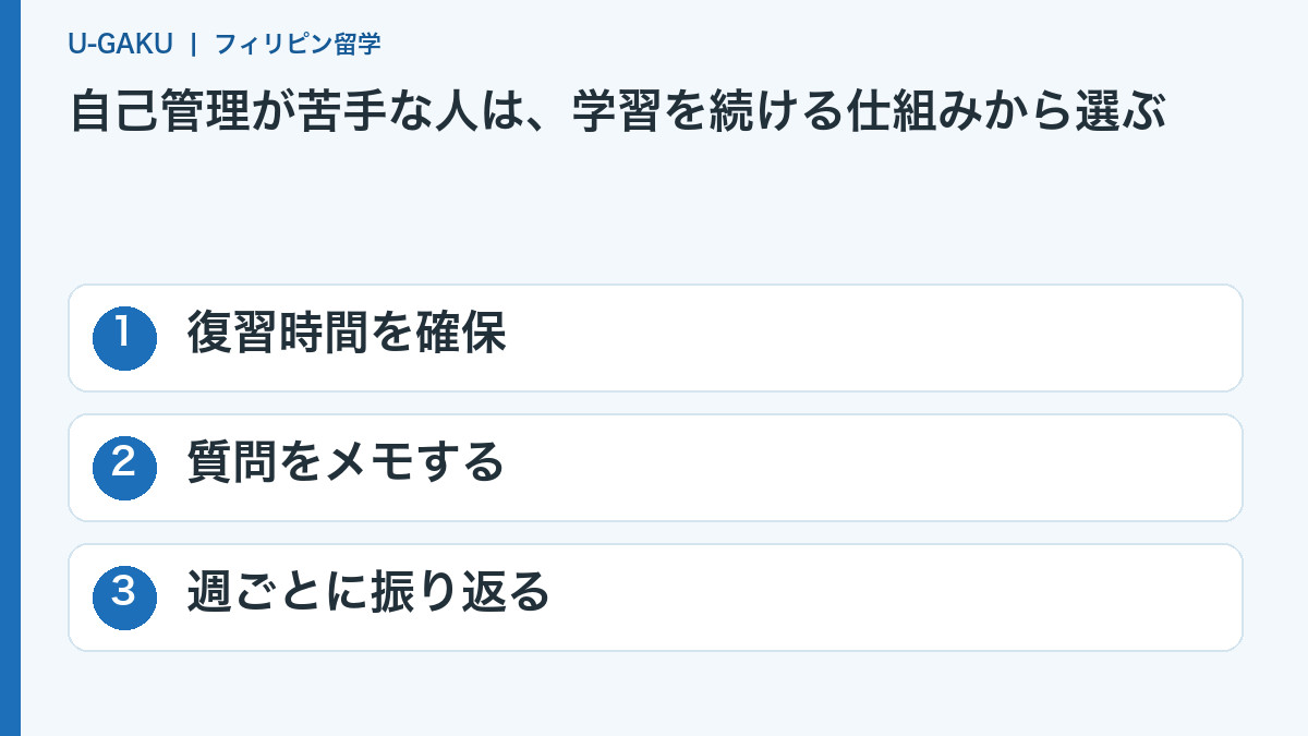 自己管理が苦手な人は、学習を続ける仕組みから選ぶ:復習時間を確保、質問をメモする、週ごとに振り返る