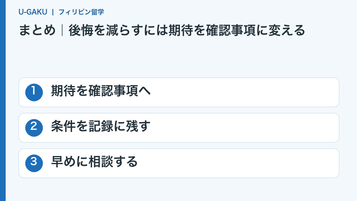 まとめ|後悔を減らすには期待を確認事項に変える:期待を確認事項へ、条件を記録に残す、早めに相談する