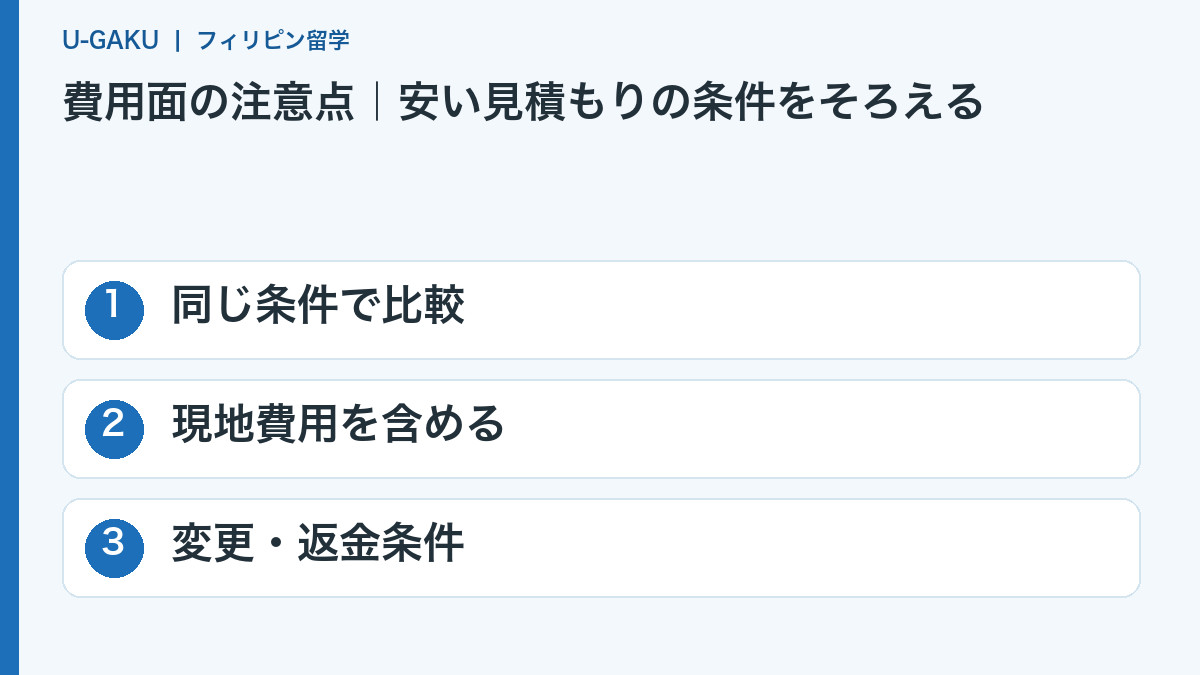 費用面の注意点|安い見積もりの条件をそろえる:同じ条件で比較、現地費用を含める、変更・返金条件