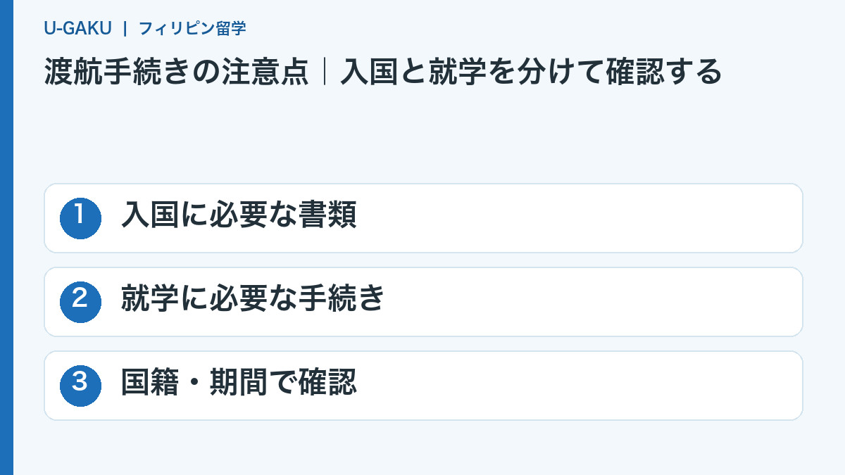 渡航手続きの注意点|入国と就学を分けて確認する:入国に必要な書類、就学に必要な手続き、国籍・期間で確認