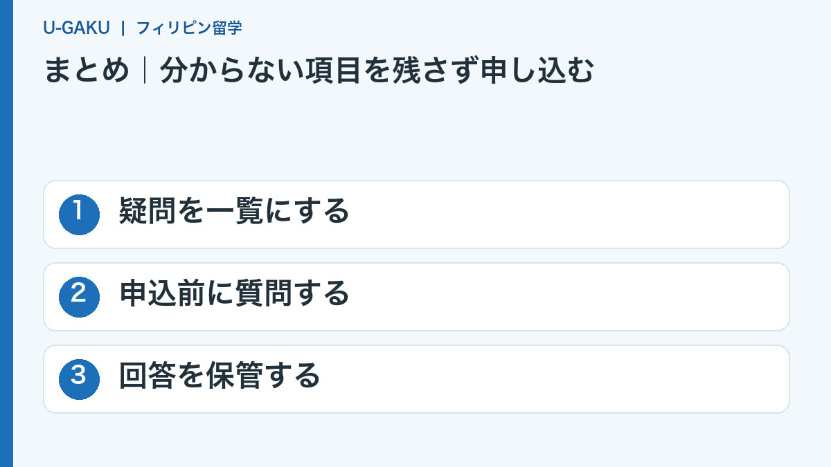 まとめ|分からない項目を残さず申し込む:疑問を一覧にする、申込前に質問する、回答を保管する